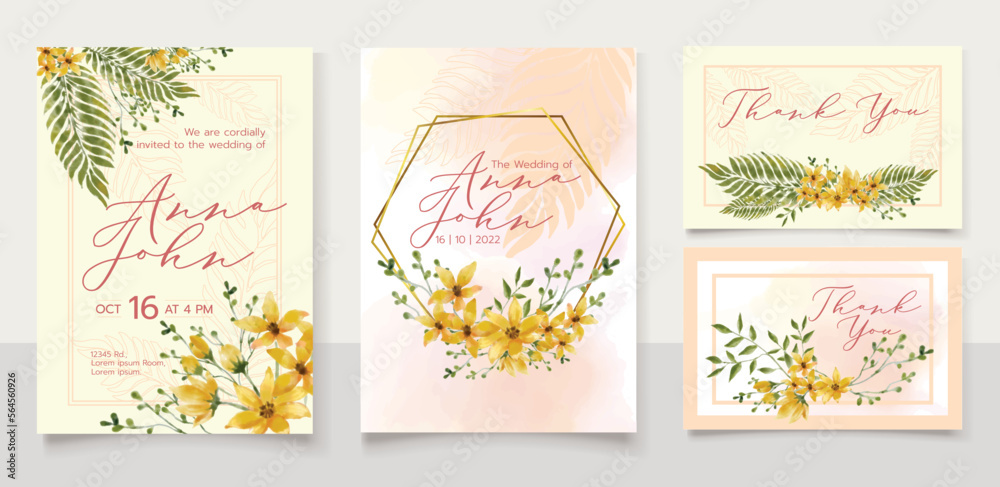 Template of wedding invitation card design set. Hand drawn watercolor flowers bouquet, foliage and green tropical leaves with golden hexagon frame and pastel yellow, pink, peach  background.