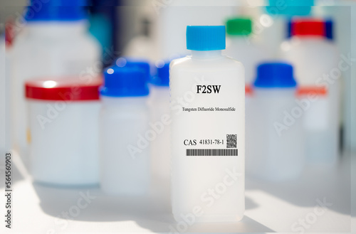 F2SW tungsten difluoride monosulfide CAS 41831-78-1 chemical substance in white plastic laboratory packaging photo