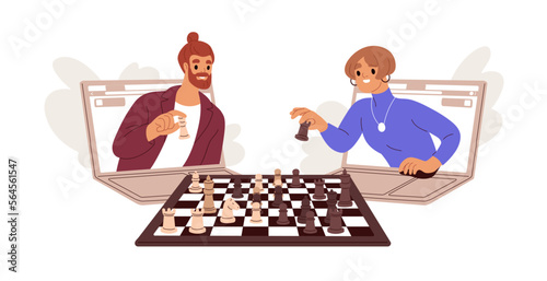 Online chess players playing remote chessboard game through internet. Virtual distant tournament, strategic match via laptop computers. Flat graphic vector illustration isolated on white background