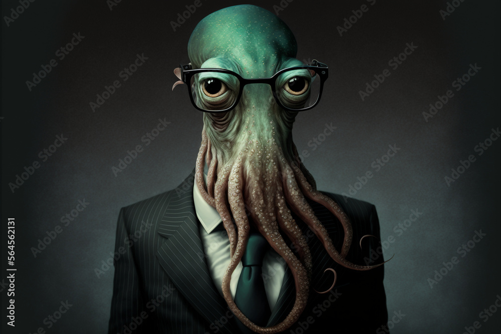 Portrait of a squid dressed in a formal business suit, Generative AI
Portrait of a squid dressed in a formal business suit, Generative AI