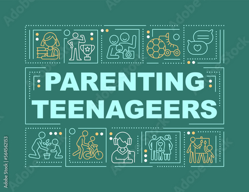 Parenting teenagers word concepts green banner. Raising children. Infographics with editable icons on color background. Isolated typography. Vector illustration with text. Arial-Black font used