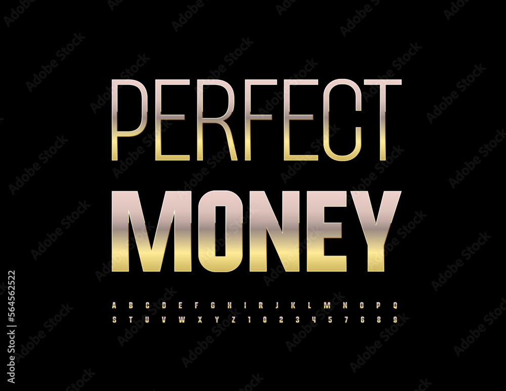 Vector financial emblem Perfect Money. Golden metallic Font. Chic Alphabet Letters and Numbers set