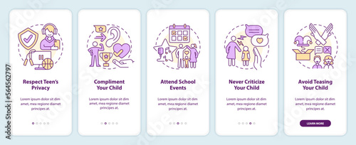 Promoting self esteem in teens onboarding mobile app screen. Support walkthrough 5 steps editable graphic instructions with linear concepts. UI, UX, GUI template. Myriad Pro-Bold, Regular fonts used
