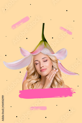 Photo portrait collage of young gorgeous lady blonde wavy hair closed eyes relax natural beauty touch face hat flower isolated on beige background