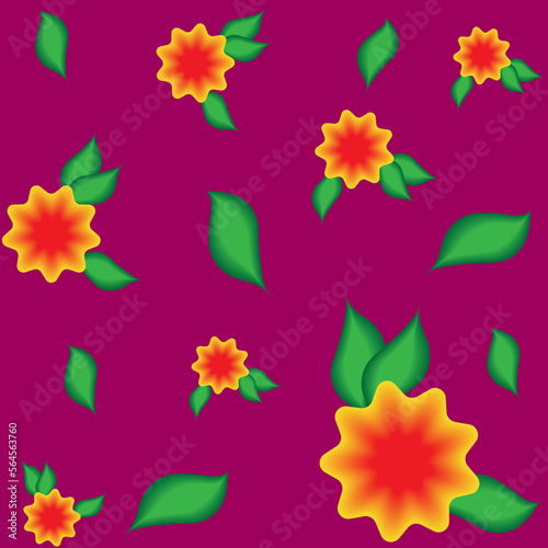 Vector seamless bright pattern with spring yellow flowers and green leaves on a pink background 