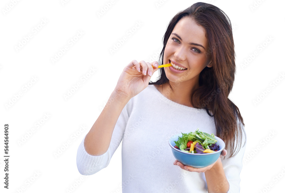 An attractive young woman standing and eating a bowl of salad isolated on a PNG background. An attractive young woman standing and eating a bowl of salad isolated on a PNG background.