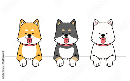 台に前足をかける手描きの柴犬3匹のベクターイラスト