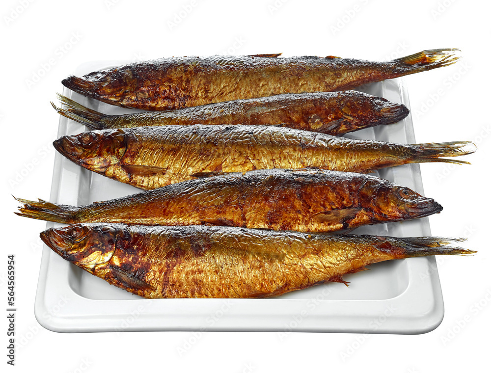 Five delicious smoked herring, lying on a rectangular plate, isolated on a white background. Delicious, natural and healthy food.. Five delicious smoked herring, lying on a rectangular plate, isolated on a white background. Delicious, natural and healthy food..