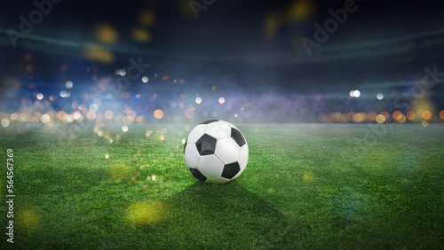 Soccer ball lies on stadium grass in the smoke  3D Illustration