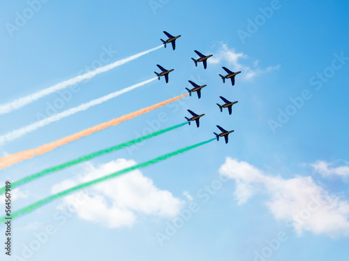 Planes group fly with color trail of India or Cote d'Ivoire
