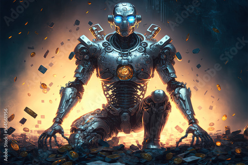 Making money with Chatgpt. Robot humanoid sitting on a pile of cash. Artificial intelligence generating content and answers for users. Created with Generative AI technology photo