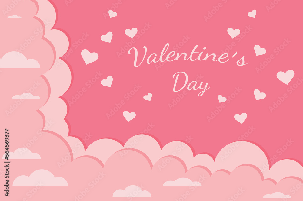 background illustration with pink clouds and inscription valentines day with hearts