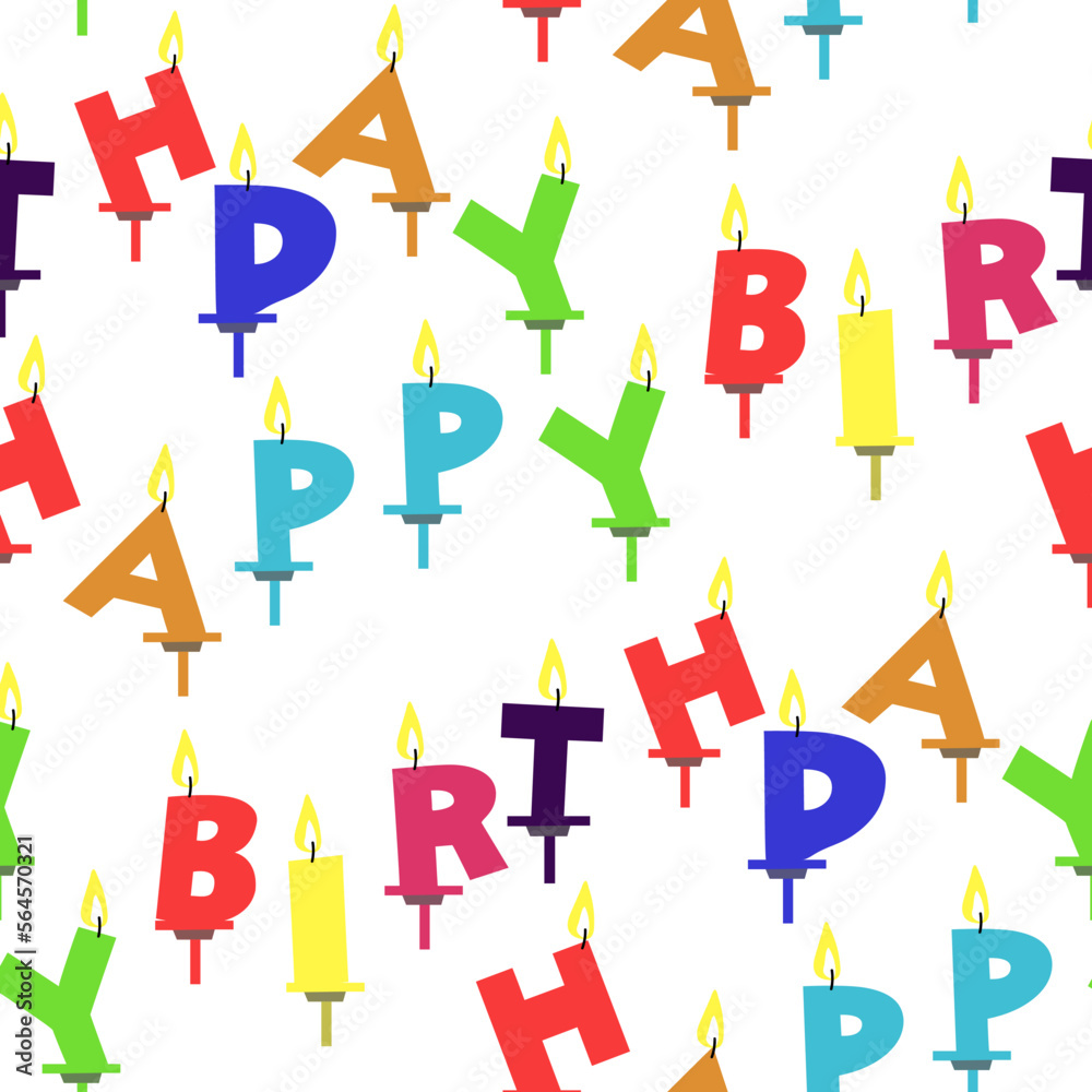 Fototapeta premium A pattern of birthday candles with a colorful font design. Bright festive letters of happy birthday in a scatter. Background for holiday gift wrapping, textiles.