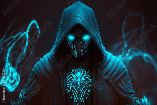 blue cyborg assassin with glowing eyes and a black dark hood, generative ai photo