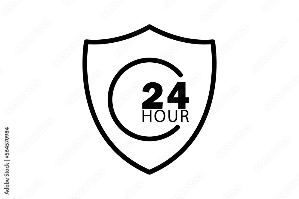 Full protection icon illustration. shield icon with 24 hour. icon related to security. Line icon style. Simple vector design editable Full protection icon illustration. shield icon with 24 hour. icon related to security. Line icon style. Simple vector design editable