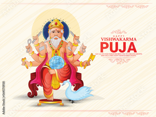 Hand drawn Sketch of hindu god {divine engineer of universe}vishwakarma for celebration of vishwakarma puja with abstract background.
