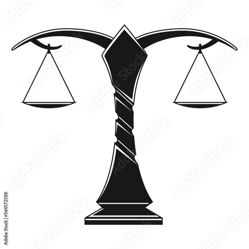 Justice scales silhouette. Mechanical balancing scales, symbol of law and judgment, punishment and truth, measuring device. Vector monochrome icon
