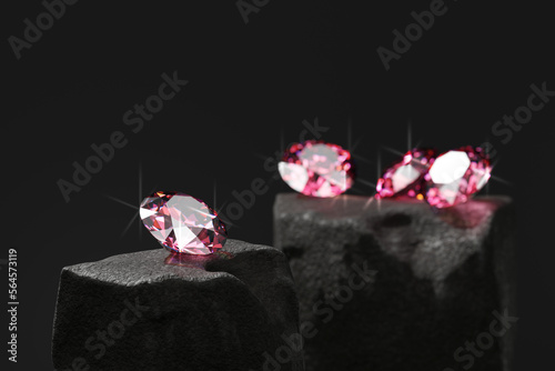Ruby Gem Diamond group placed on dark background soft focus 3d rendering photo