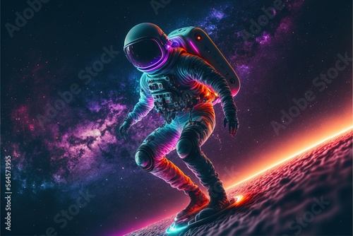 Astronaut Surfing in the nebula water wave and stars with neon light effects. Astronaut surfing in the galaxy. astronaut. high-definition colorful galaxy. universe. galaxy. Generative AI © Chexy139