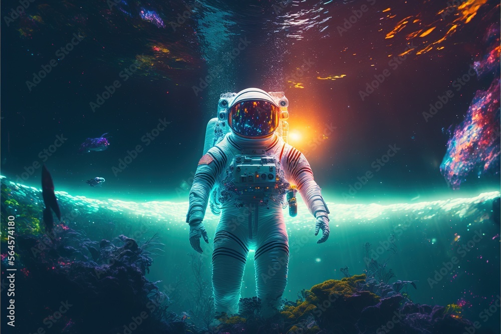 Fototapeta premium Astronaut swimming in the nebula water and stars with neon light effects. Astronaut in the water. astronaut. high-definition water life. Underwater life Generative AI