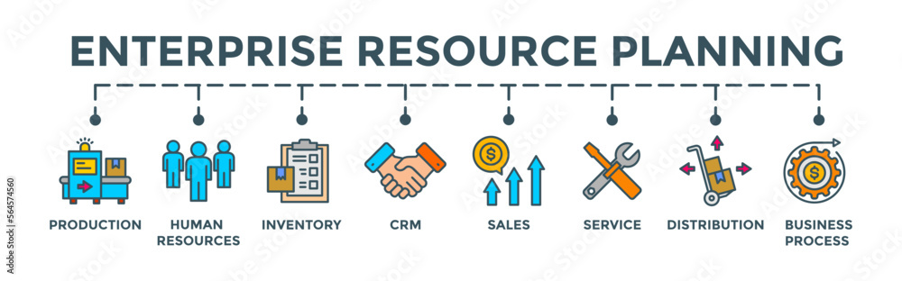 ERP banner. Editable vector illustration concept with production, human resources, inventory, crm, sales, service, distribution, business process icons. ERP banner. Editable vector illustration concept with production, human resources, inventory, crm, sales, service, distribution, business process icons.