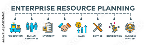 ERP banner. Editable vector illustration concept with production, human resources, inventory, crm, sales, service, distribution, business process icons.