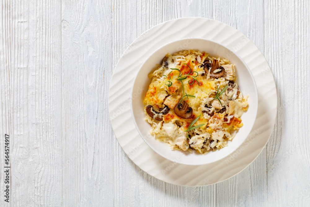 tasty Chicken Mushroom Rice Casserole, top view tasty Chicken Mushroom Rice Casserole, top view