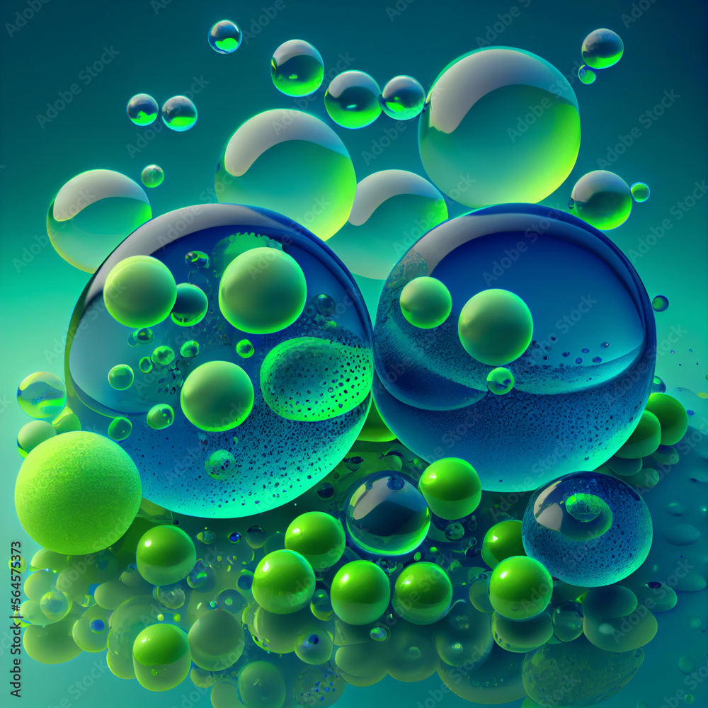 Balls and bubbles colourful blue and green background
