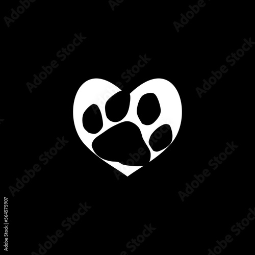 Paw print heart love concept abstract icon symbol icon isolated on black background. 