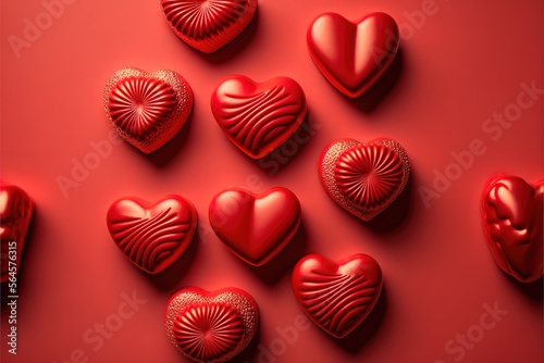 Valentine's day or Wedding romantic concept. Red hearts on red background.Top view, flat lay, copy space