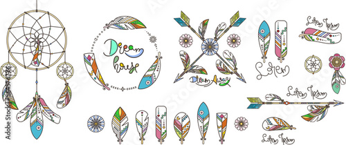 Set of beautiful boho elements. Arrow, dreamcatcher, feathers and flowers