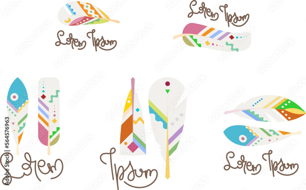 Set of boho feather, native symbol, natural, writer literary vector logos Set of boho feather, native symbol, natural, writer literary vector logos