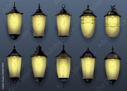 Garden lamps. Classic street lamp. Outdoor lighting of city. Vintage urban design. Design of parks and squares. Outdoor wall garden light lamps collection in different styles