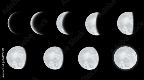 Lunar phase icon set. Whole cycle from new moon to full moon. Lunar eclipse stage. Round shaped celestial collection. Hand drawn vector illustration
