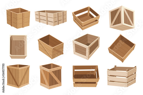 Wooden boxes. Retail, logistics, delivery, storage concept. Delivery containers, empty parcels, shipping crates isolated vector illustration set. Cargo distribution packs for food or products