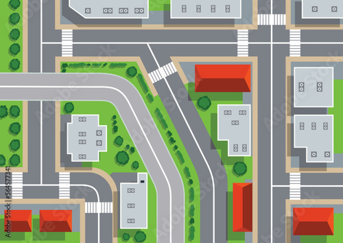 Top view of urban city. Crossroads with streets, roads, houses and trees. Map with view rooftops and highways. View from above on city landscape elements vector illustration
