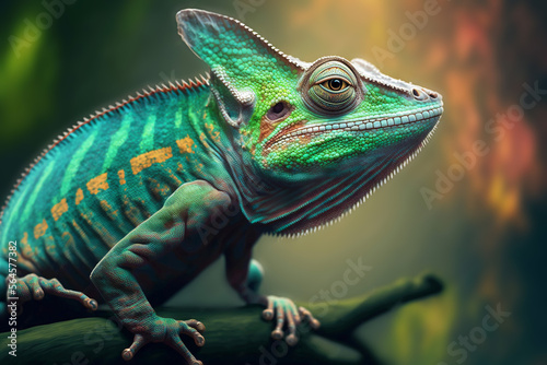 Green colored chameleon sit on branch close up. Generative ai.