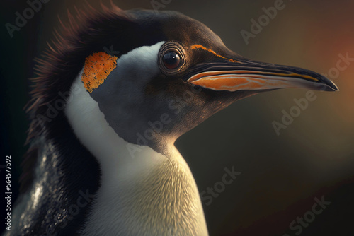 Penguin in beautiful sunset close up. Generative ai. photo