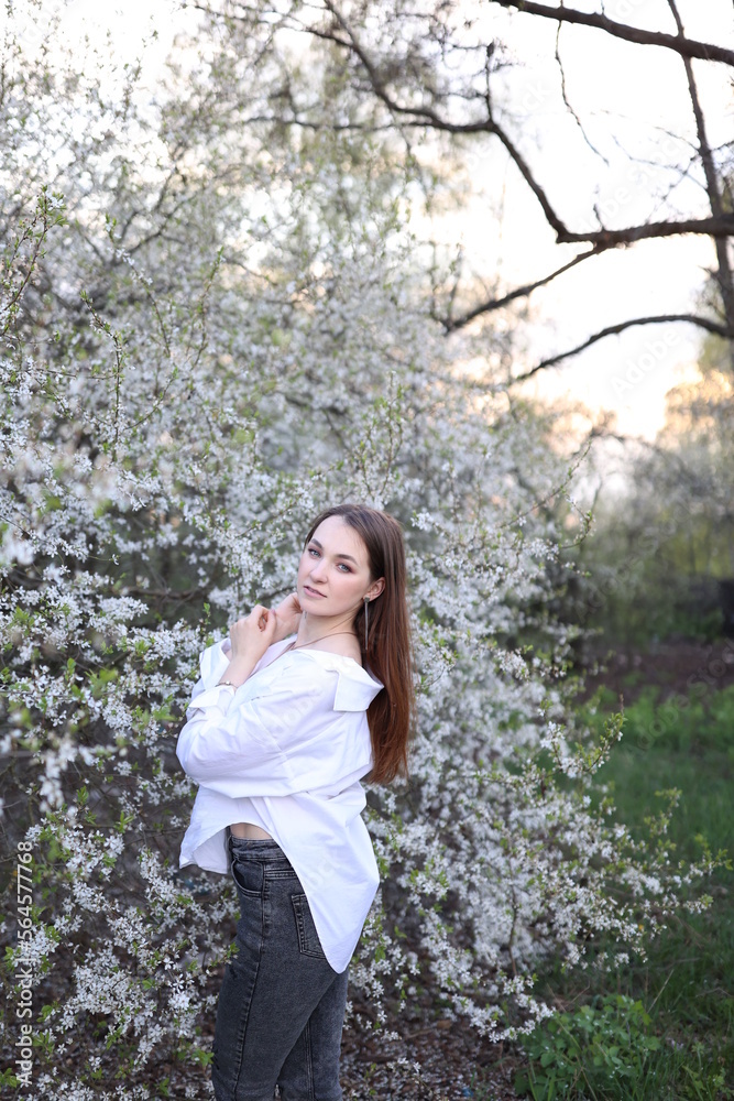 beautiful girl in a white shirt near a blooming tree. Beautiful warm spring and blossoming trees beautiful girl in a white shirt near a blooming tree. Beautiful warm spring and blossoming trees