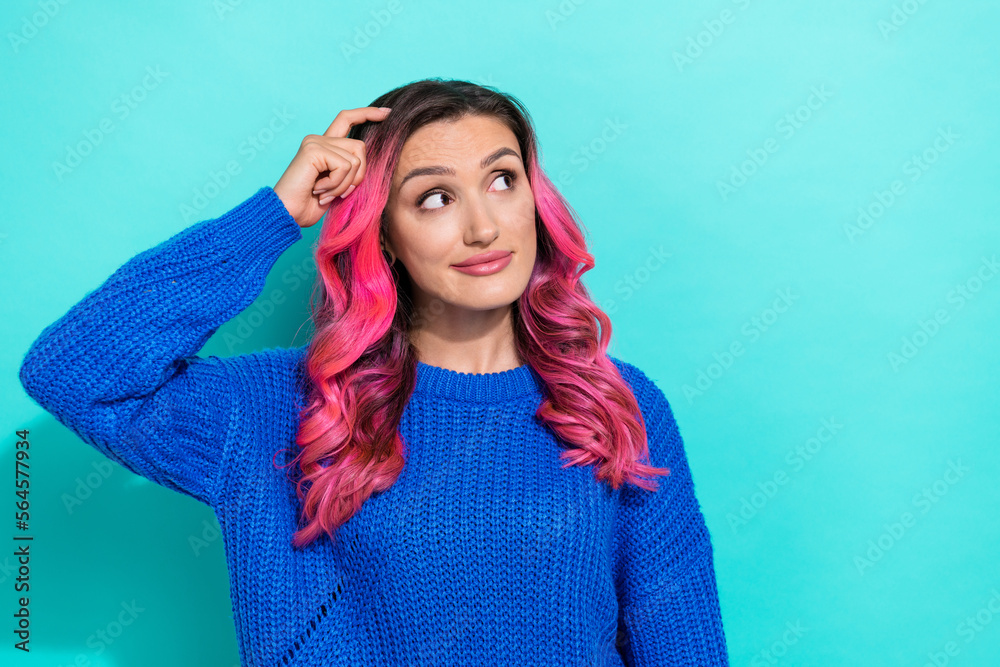 Photo of thoughtful shiny girl curly hairdo dressed blue sweater finger head look empty space isolated on vibrant teal color background Photo of thoughtful shiny girl curly hairdo dressed blue sweater finger head look empty space isolated on vibrant teal color background
