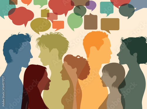 Conversation and communication among diverse groups. Business people with speech bubbles from different cultures. An expression of opinions, evaluations, and feedback. Vector Illustration 
