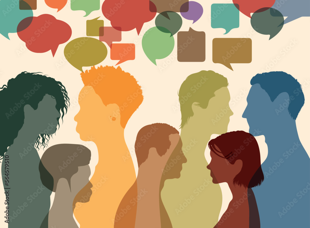 It's all about community, speaking and socialising. Having a dialogue and informing each other. Diversity people. Talk and share ideas with a group of multi-ethnic people. Vector Illustration