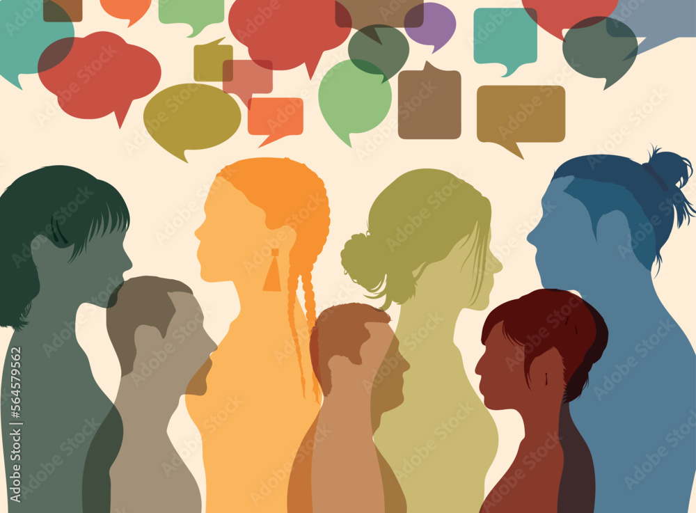 Dialogue and information exchange. Speech bubbles. Share ideas and communicate among multiethnic and multicultural people. Vector Illustration