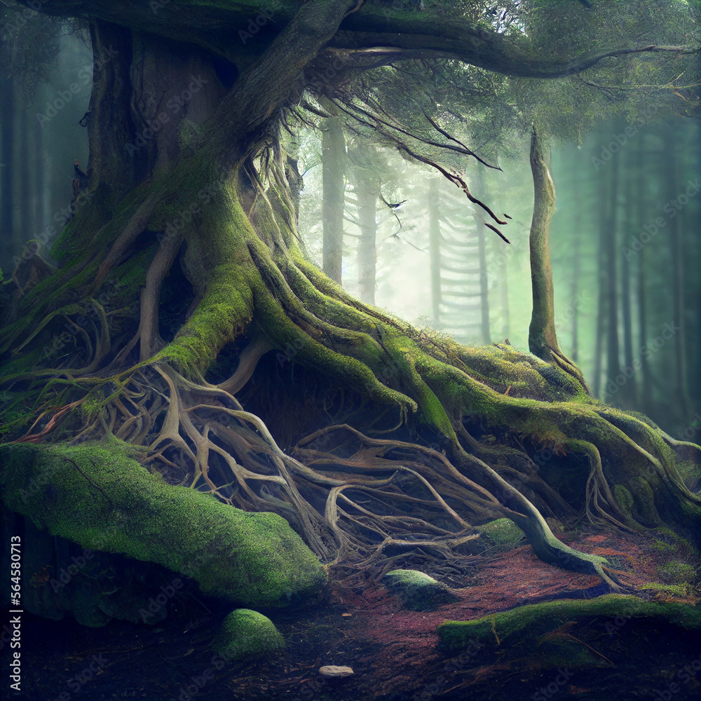 Tree roots in forest, created with Generative AI technology. Stock ...