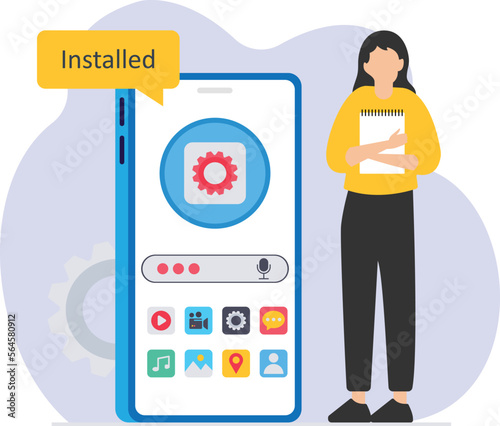 System updates with people updating operation in computing and installation programs. mobile application, Mobile application development process flat vector illustration
