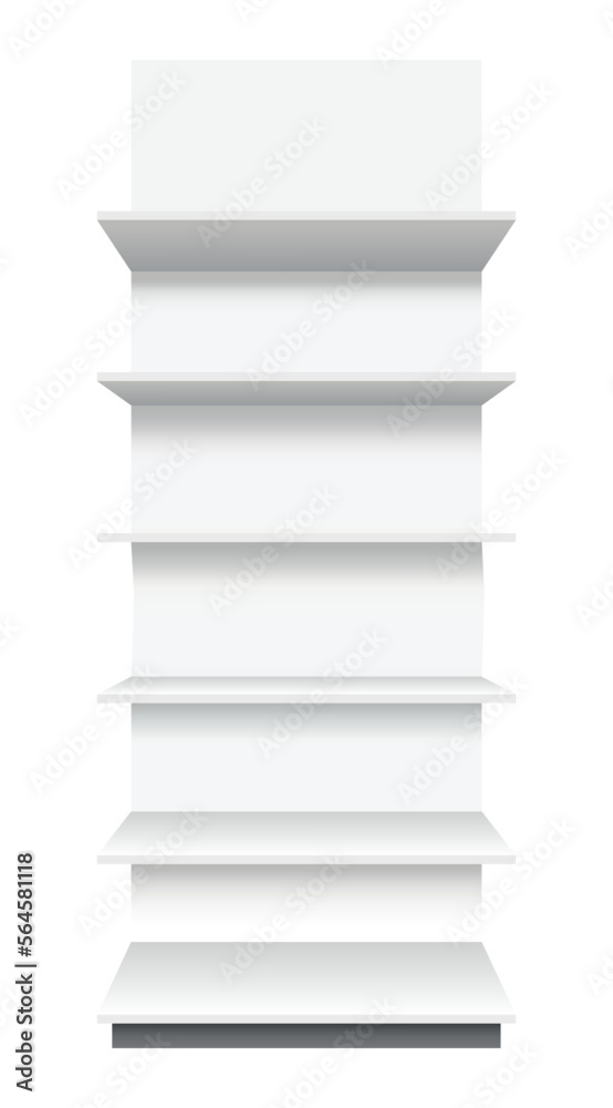Store shelves. Supermarket showcase template. Set of white empty retail shelf rack. Mockup ready for your design. Isolated on white background Store shelves. Supermarket showcase template. Set of white empty retail shelf rack. Mockup ready for your design. Isolated on white background