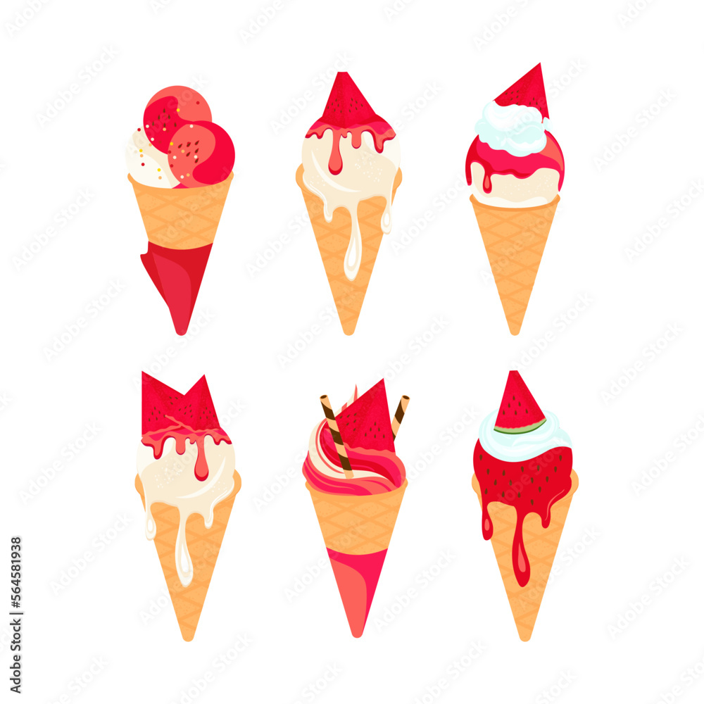 Watermelon-flavored ice cream. Waffle cone. Vector set on a white background Watermelon-flavored ice cream. Waffle cone. Vector set on a white background