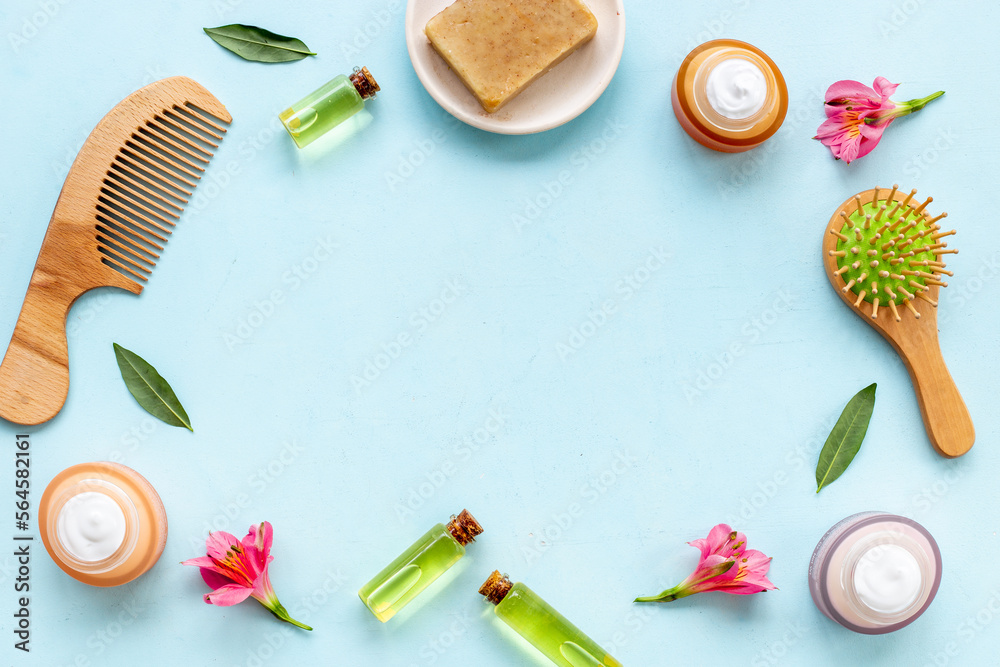 Frame of hair care and styling cosmetics, top view Frame of hair care and styling cosmetics, top view