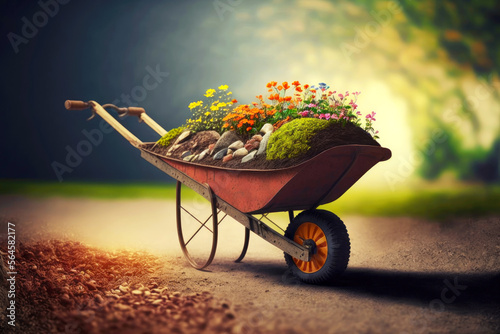 Canvas Print spring planting in garden gardener with hand wheelbarrow filled with earth