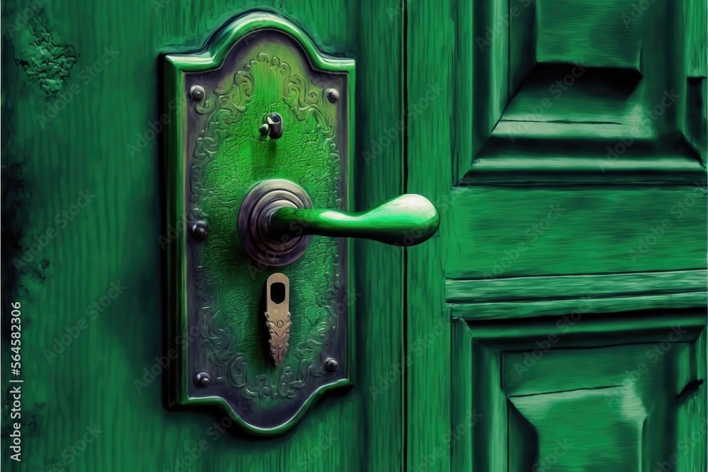A Secured Entrance: A Close-up of a Green Colored Door with Handle and Lock A Secured Entrance: A Close-up of a Green Colored Door with Handle and Lock